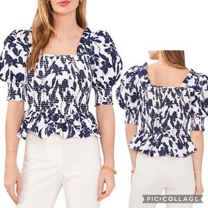 CeCe Abstract Floral Navy & White Short Puff Sleeve Smocked Peplum Top – Size L